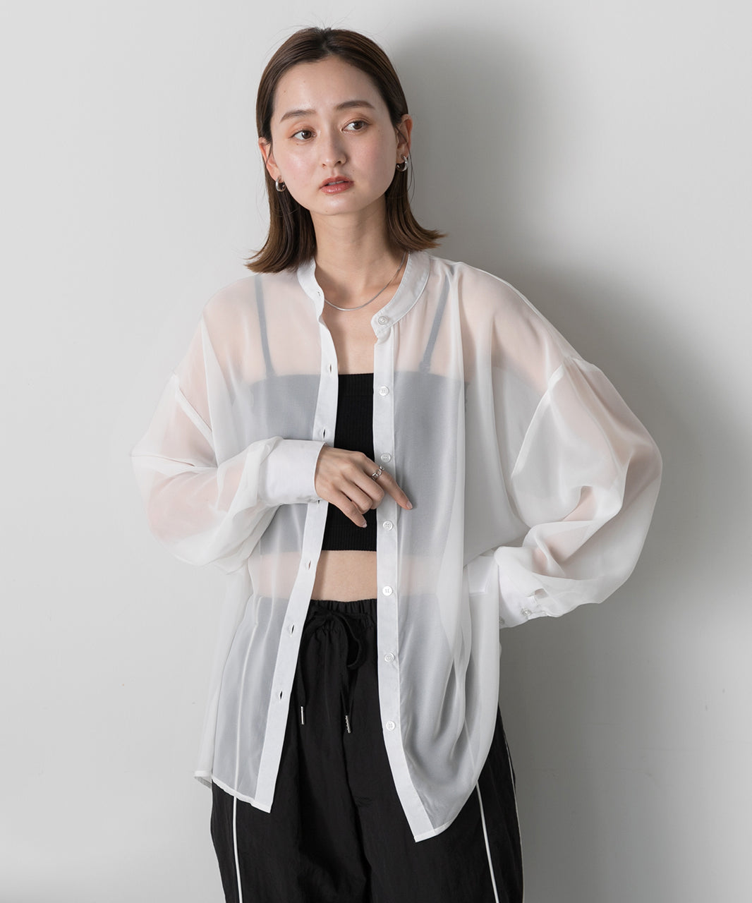 Adthie ad thie 【2024SS New Collection】 Band Collar Oversized Sheer Shirt