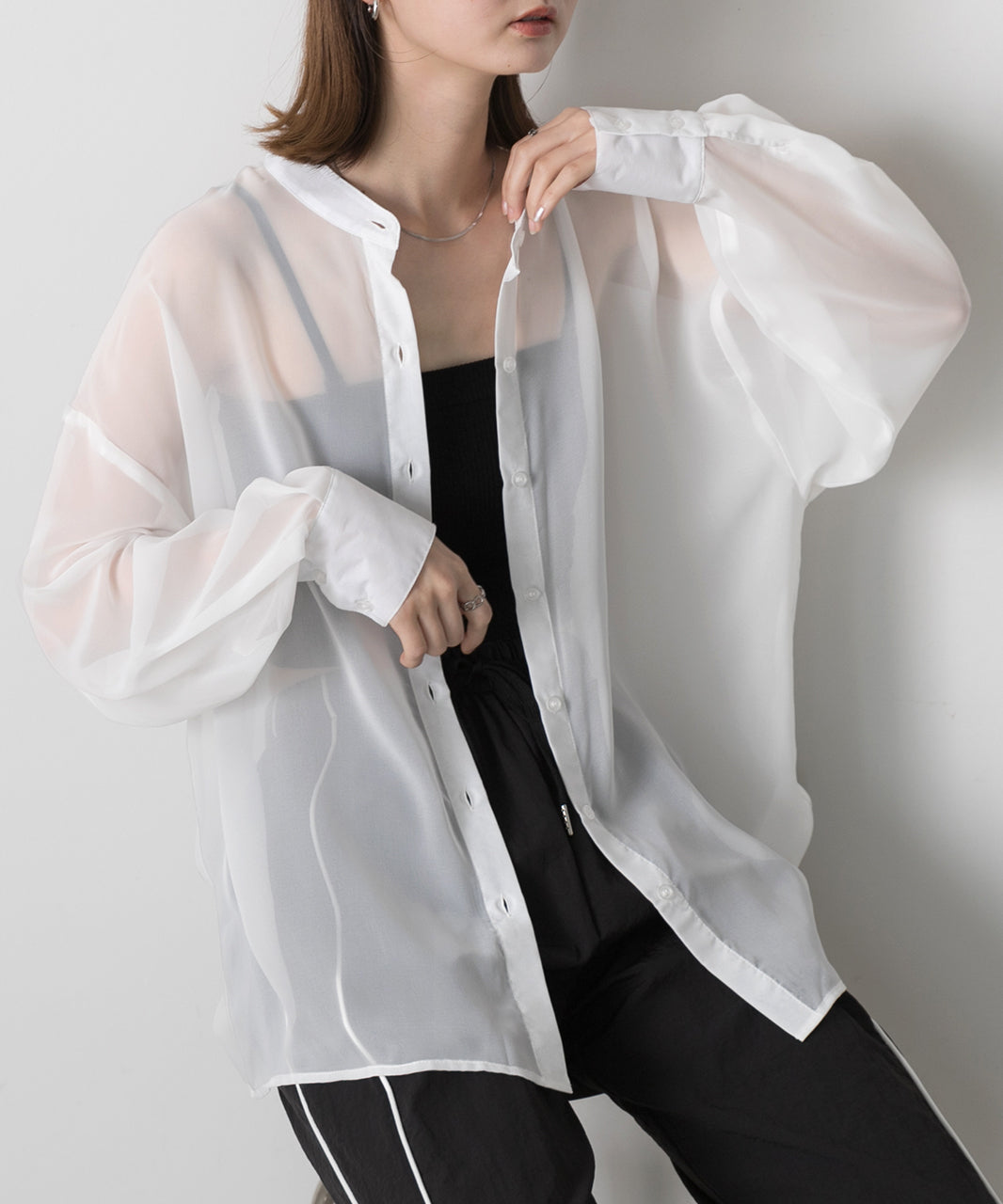 Adthie ad thie 【2024SS New Collection】 Band Collar Oversized Sheer Shirt