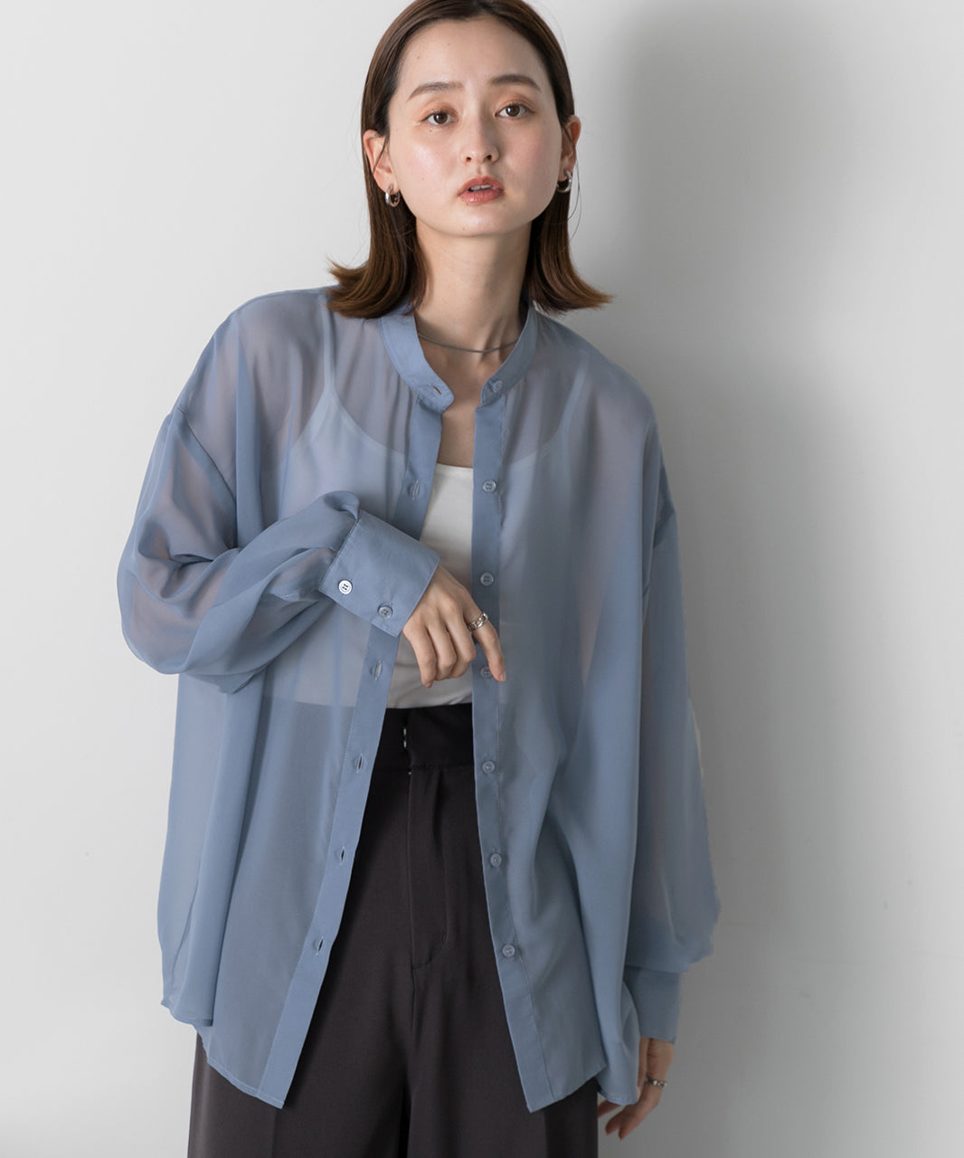 Adthie ad thie 【2024SS New Collection】 Band Collar Oversized Sheer Shirt