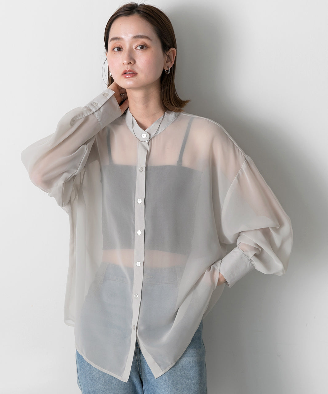Adthie ad thie 【2024SS New Collection】 Band Collar Oversized Sheer Shirt