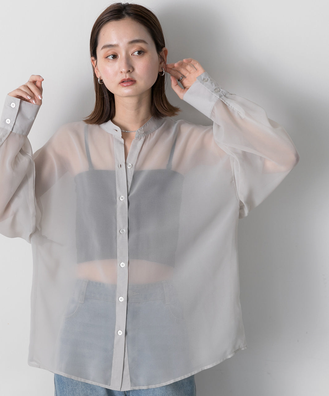 Adthie ad thie 【2024SS New Collection】 Band Collar Oversized Sheer Shirt