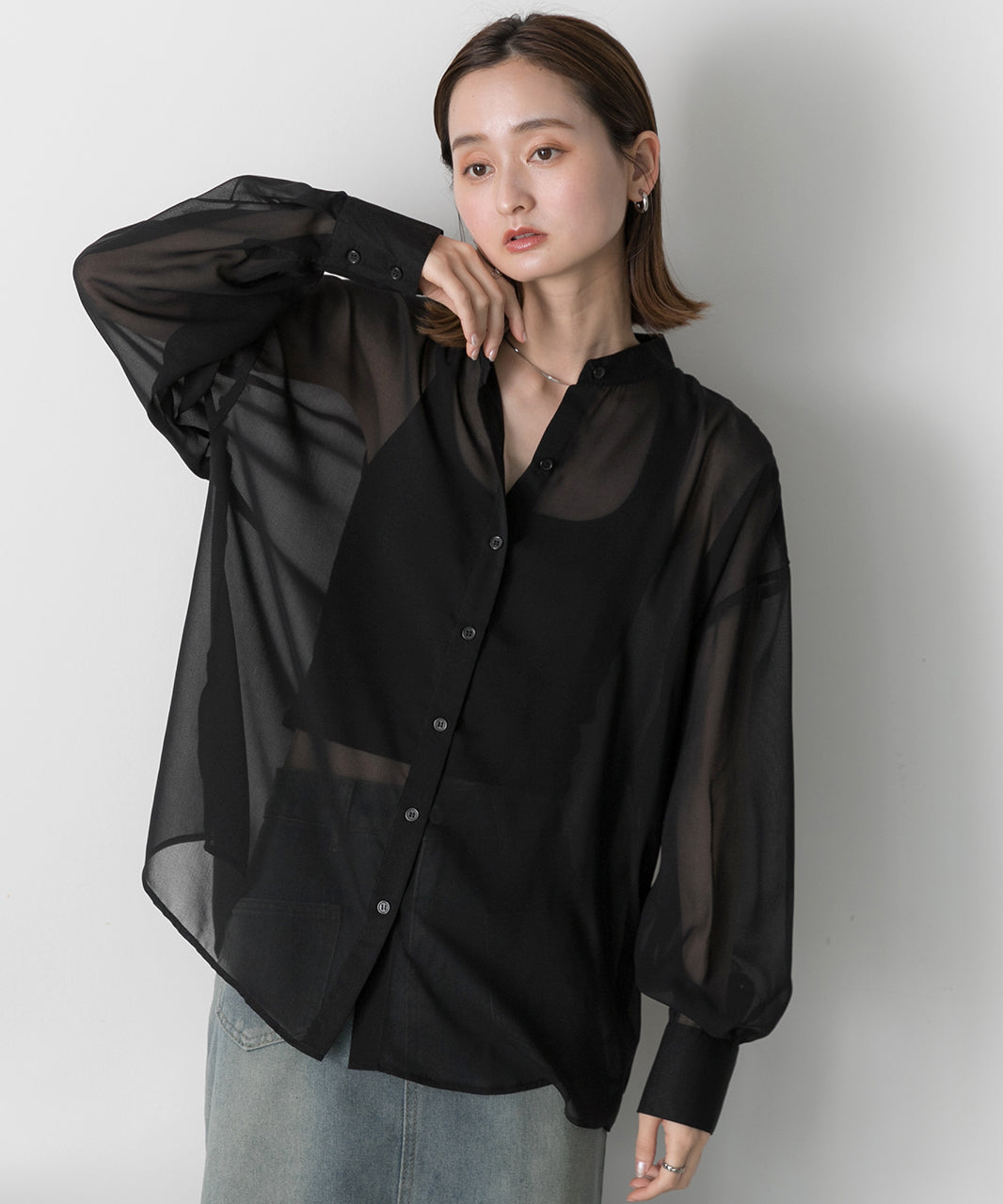 Adthie ad thie 【2024SS New Collection】 Band Collar Oversized Sheer Shirt