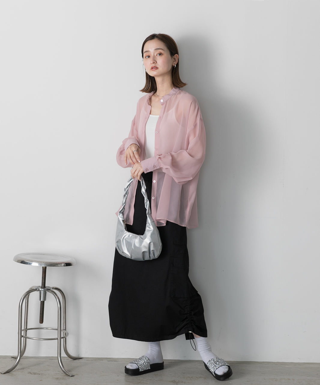 Adthie ad thie 【2024SS New Collection】 Band Collar Oversized Sheer Shirt