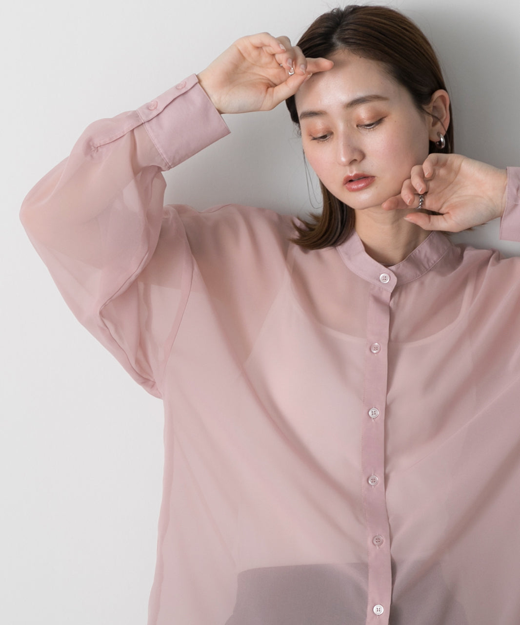 Adthie ad thie 【2024SS New Collection】 Band Collar Oversized Sheer Shirt