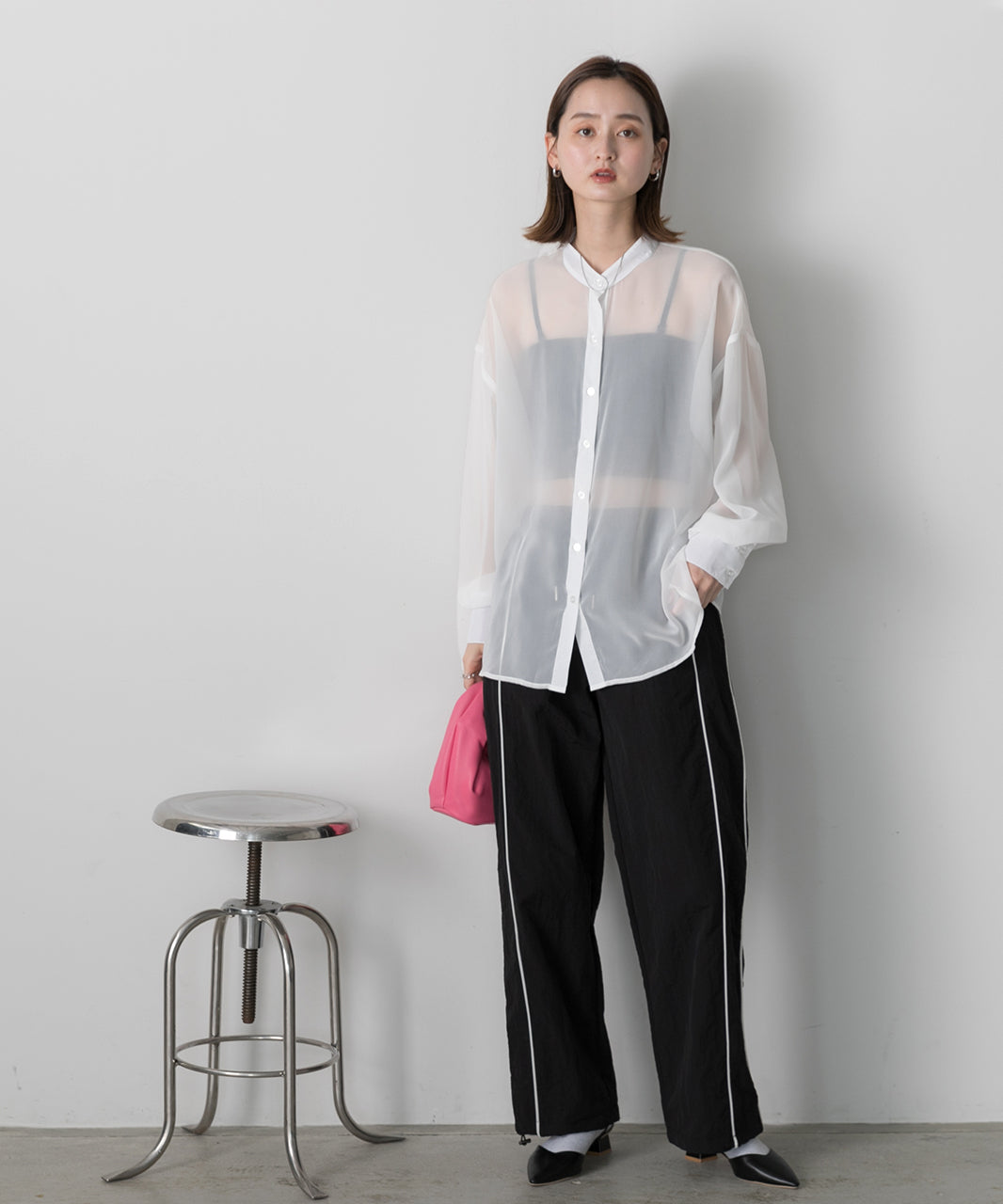 Adthie ad thie 【2024SS New Collection】 Band Collar Oversized Sheer Shirt
