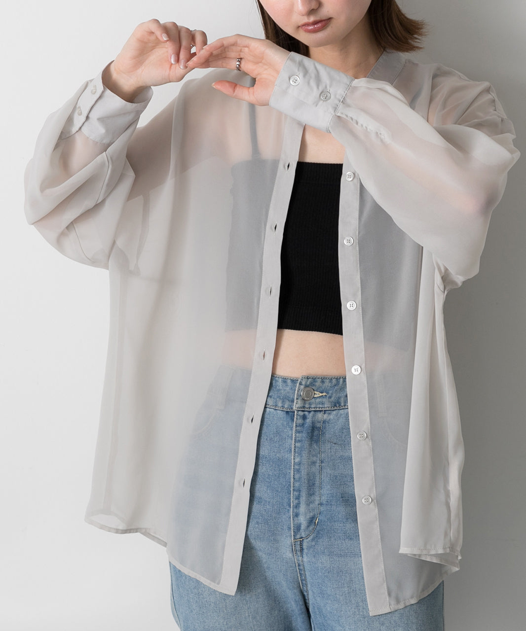 Adthie ad thie 【2024SS New Collection】 Band Collar Oversized Sheer Shirt