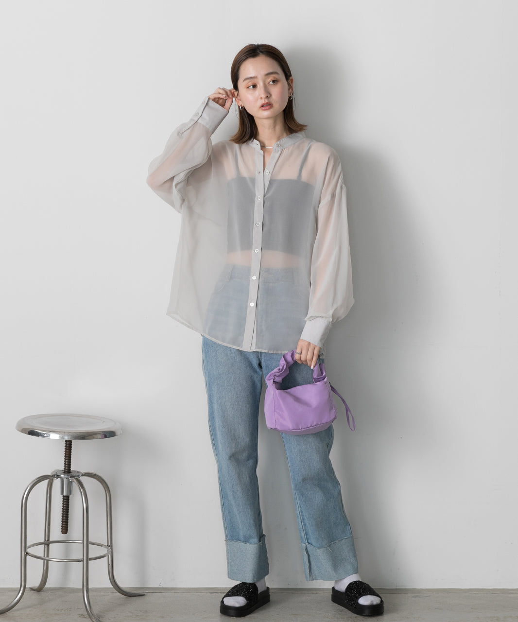 Adthie ad thie 【2024SS New Collection】 Band Collar Oversized Sheer Shirt