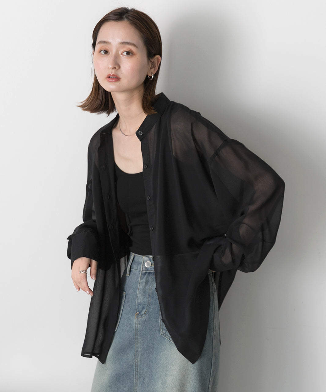 Adthie ad thie 【2024SS New Collection】 Band Collar Oversized Sheer Shirt