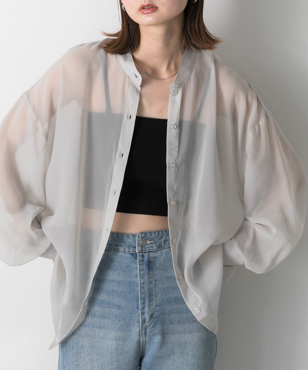 Adthie ad thie 【2024SS New Collection】 Band Collar Oversized Sheer Shirt