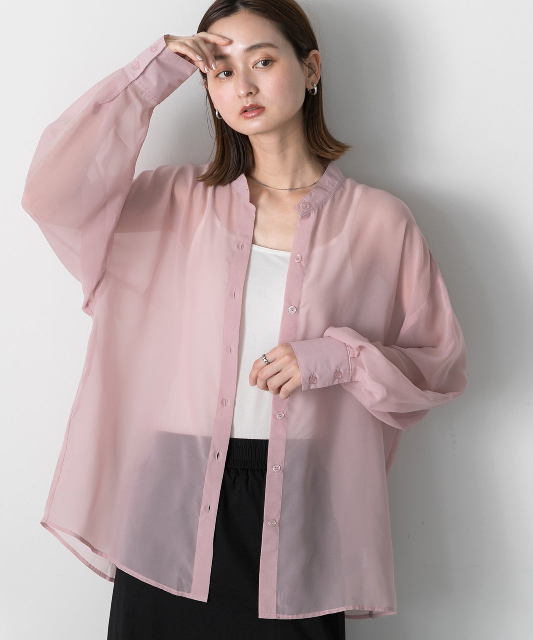 Adthie ad thie 【2024SS New Collection】 Band Collar Oversized Sheer Shirt