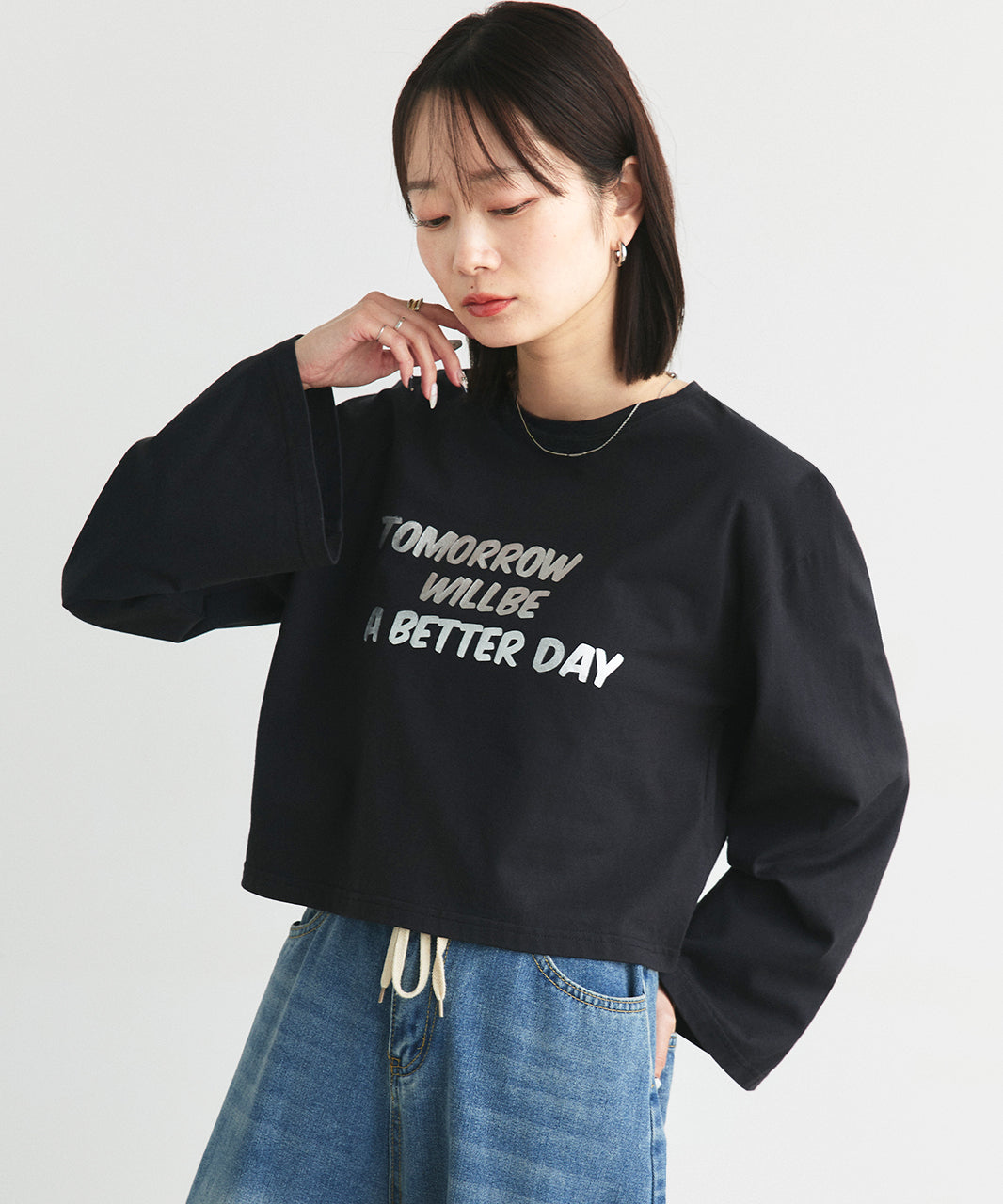 アドティエ ad thie 【2024AW新作】箔アソートプリント ショート丈ロングTシャツ （ブラック(プリント2)） ブラック(プリント2)