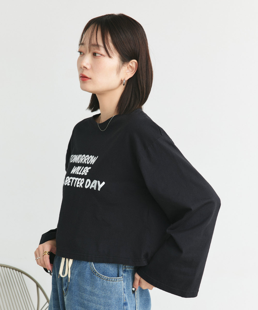 アドティエ ad thie 【2024AW新作】箔アソートプリント ショート丈ロングTシャツ （ブラック(プリント2)） ブラック(プリント2)