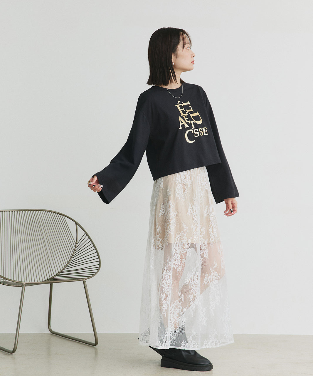 アドティエ ad thie 【2024AW新作】箔アソートプリント ショート丈ロングTシャツ （ブラック(プリント2)） ブラック(プリント2)