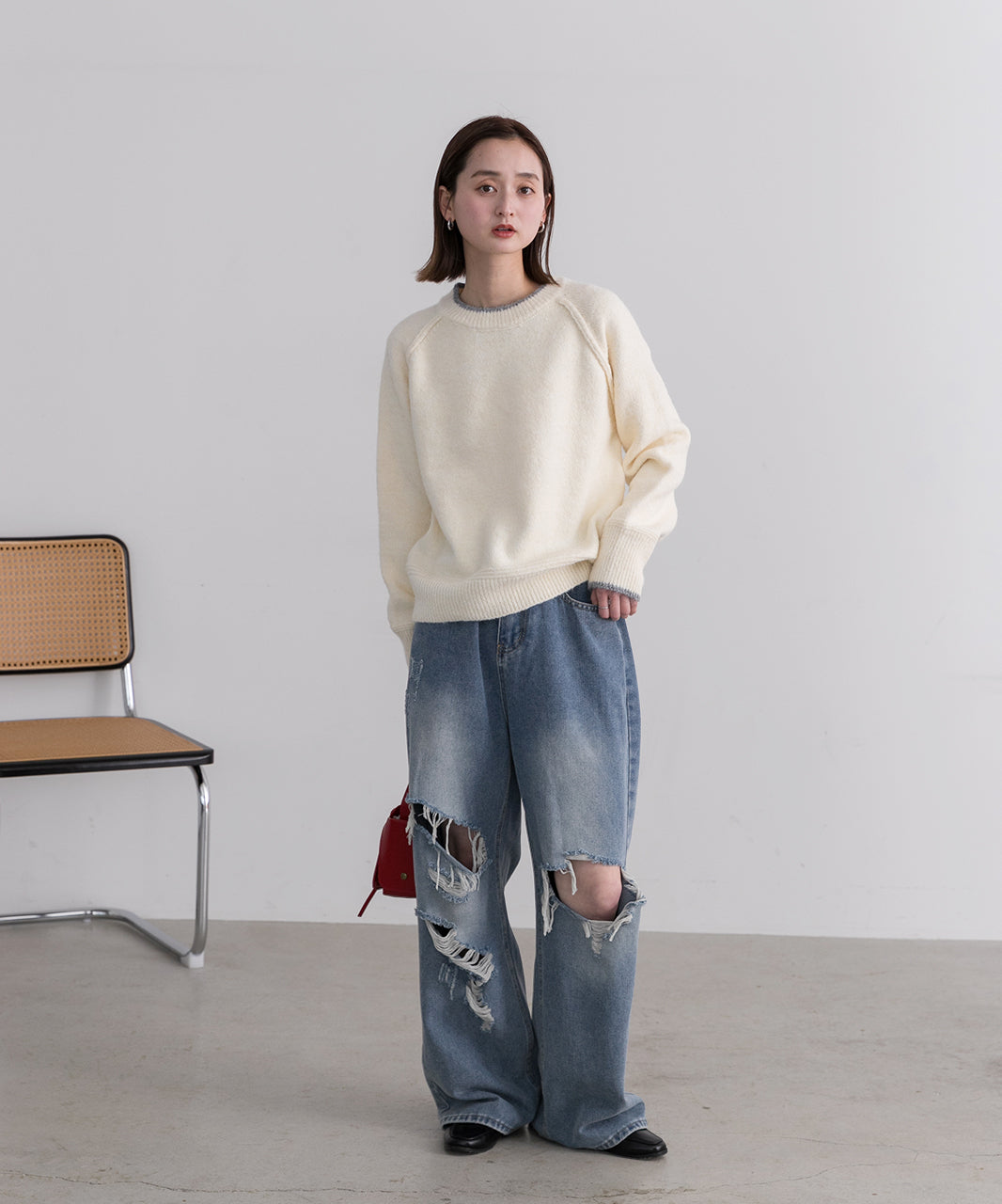 アドティエ ad thie 配色ラグランクルーネックニット