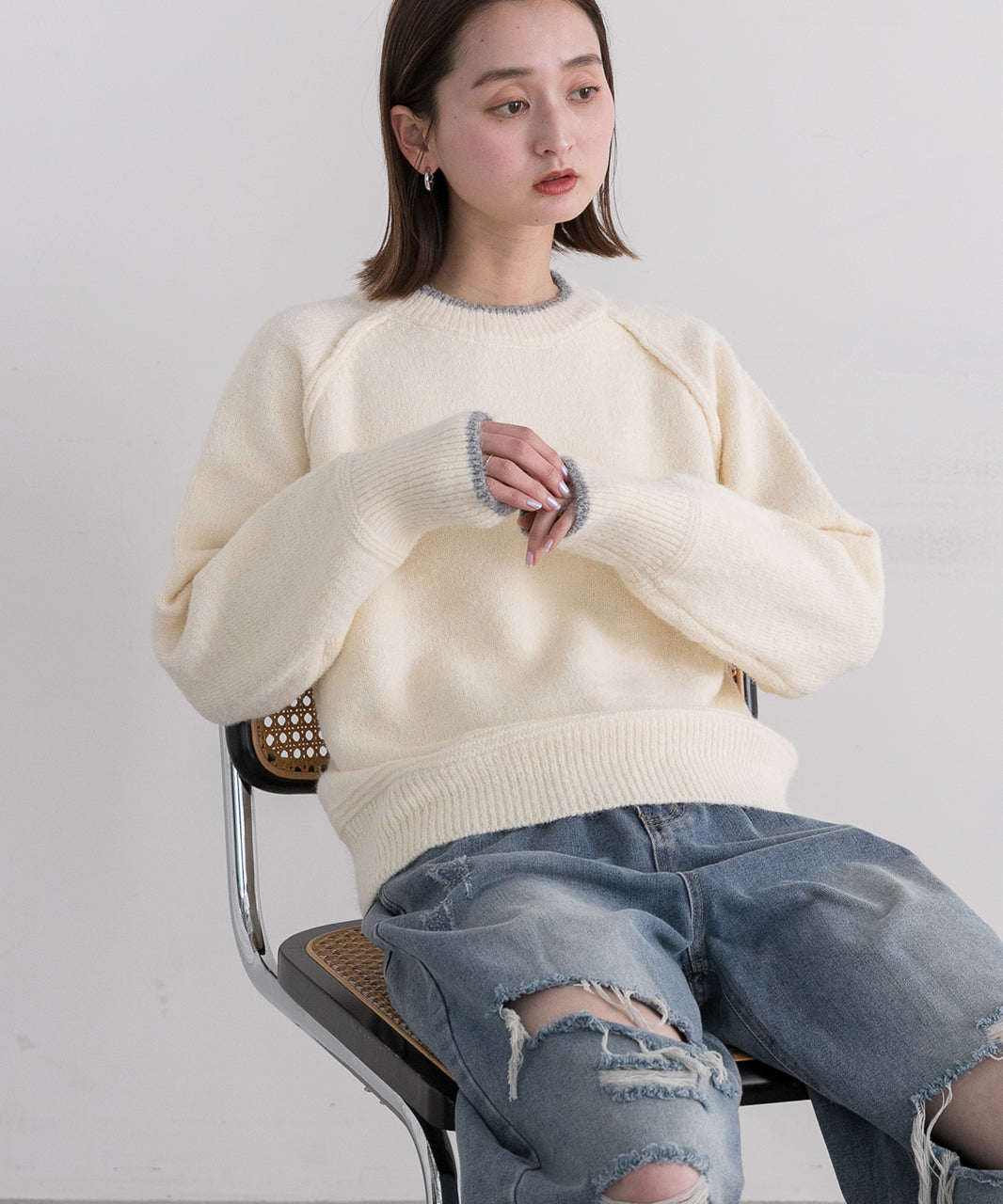 アドティエ ad thie 配色ラグランクルーネックニット