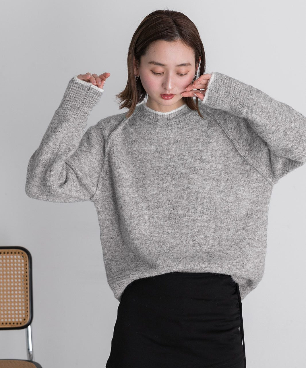 アドティエ ad thie 配色ラグランクルーネックニット