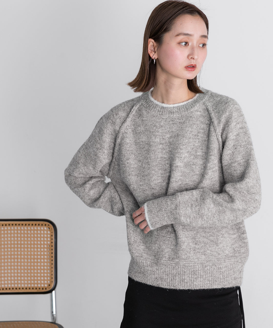 アドティエ ad thie 配色ラグランクルーネックニット