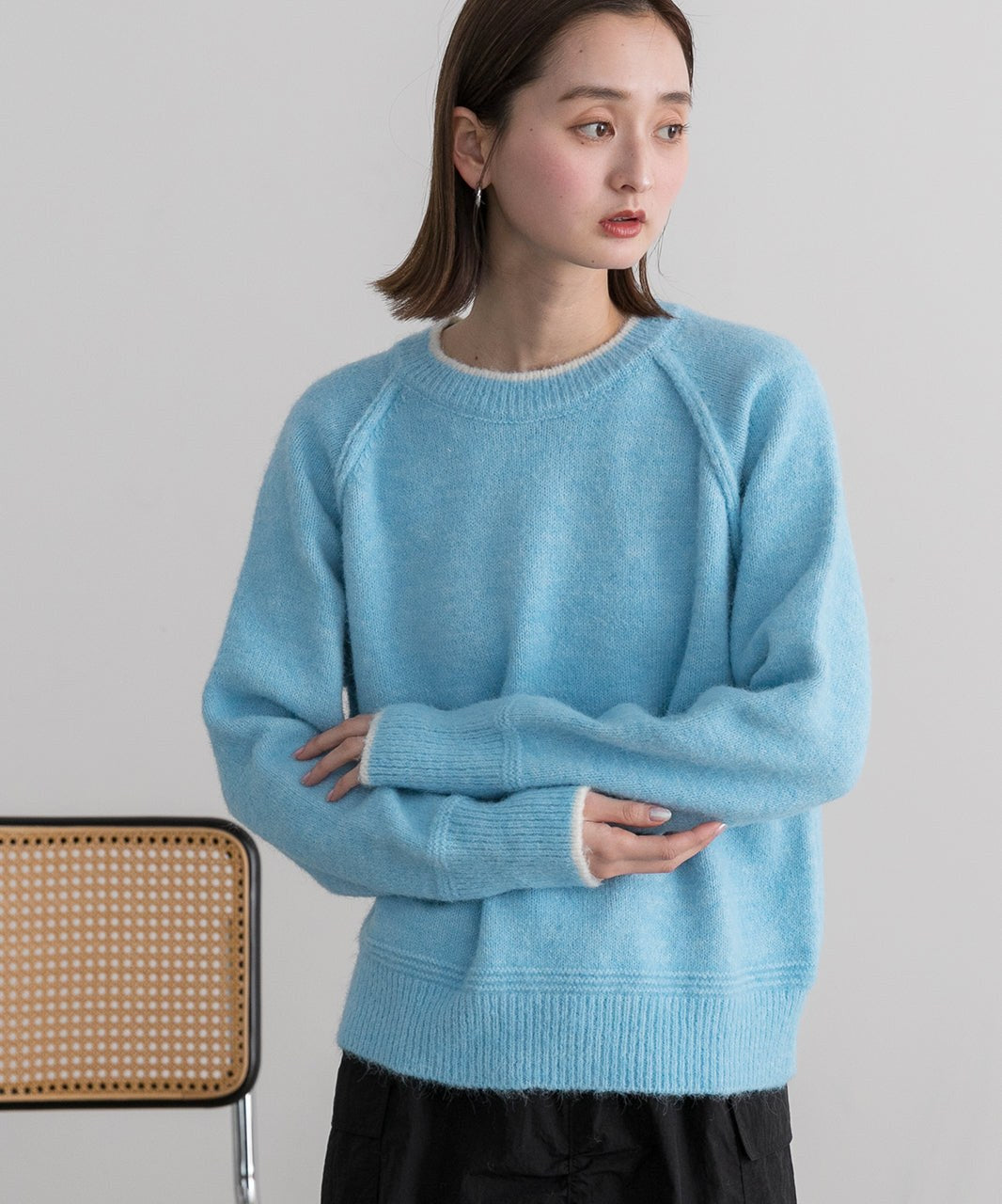 アドティエ ad thie 配色ラグランクルーネックニット