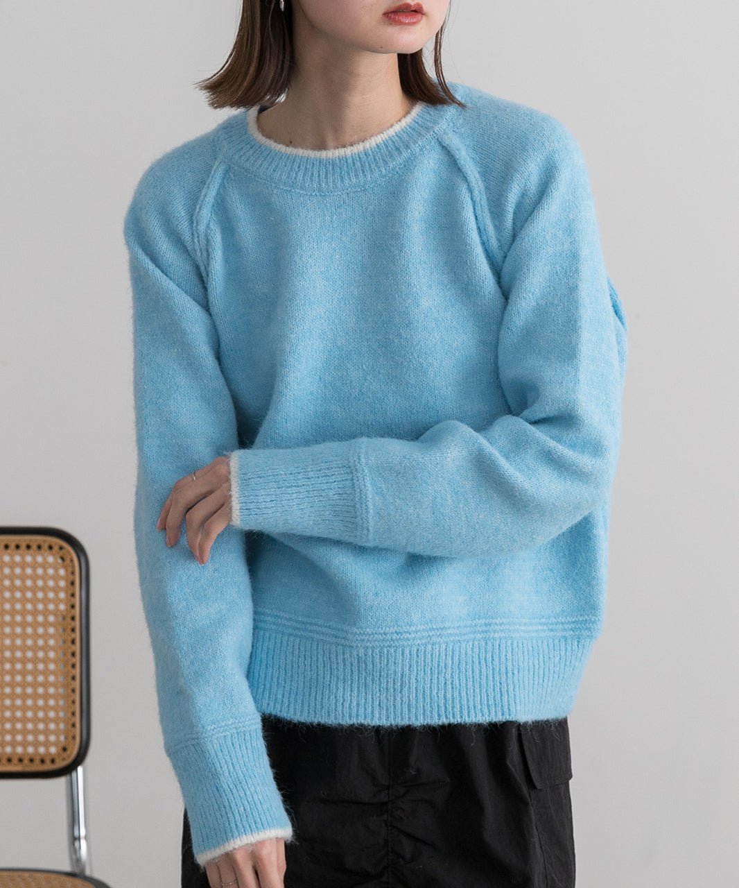 アドティエ ad thie 配色ラグランクルーネックニット