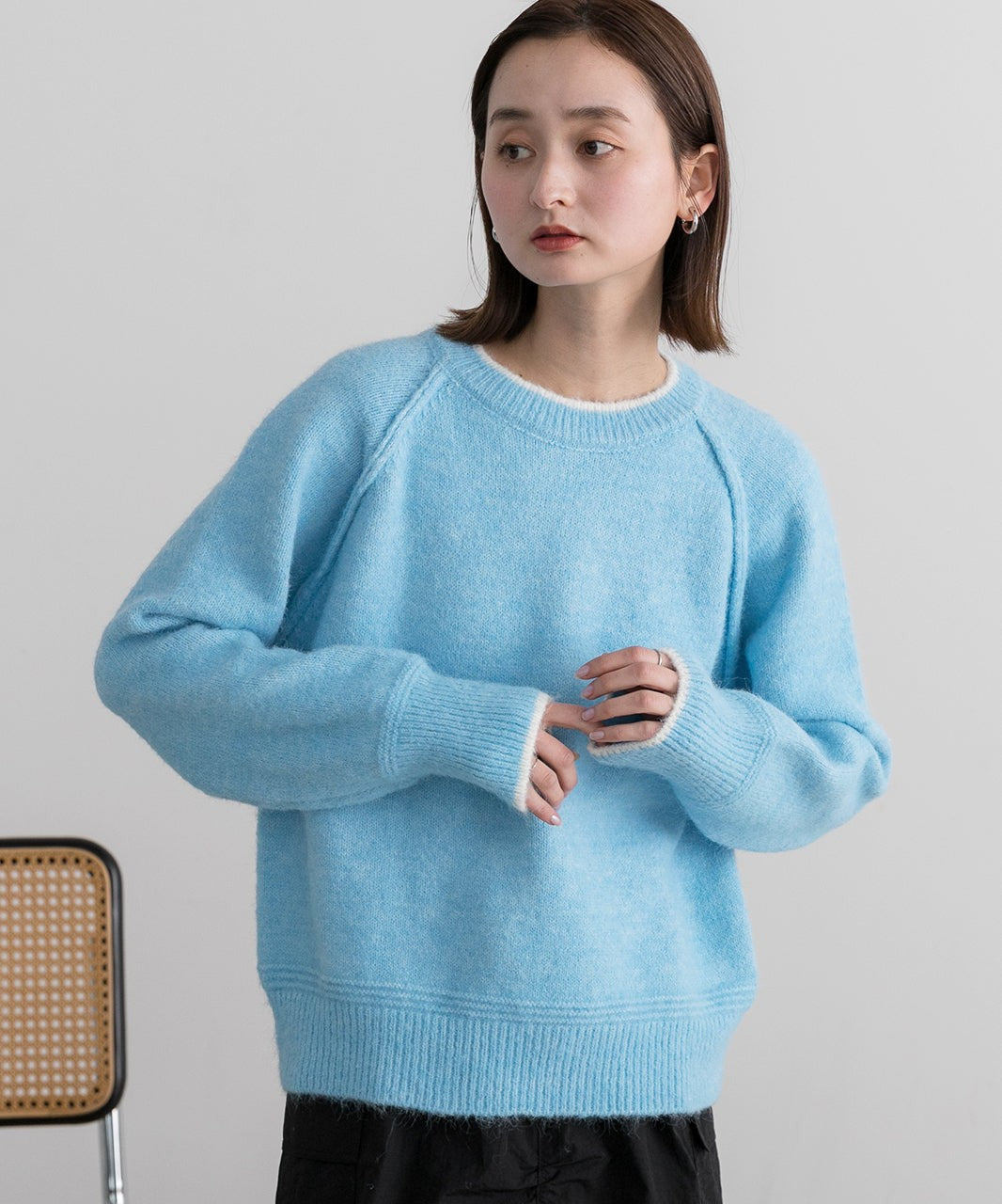 アドティエ ad thie 配色ラグランクルーネックニット