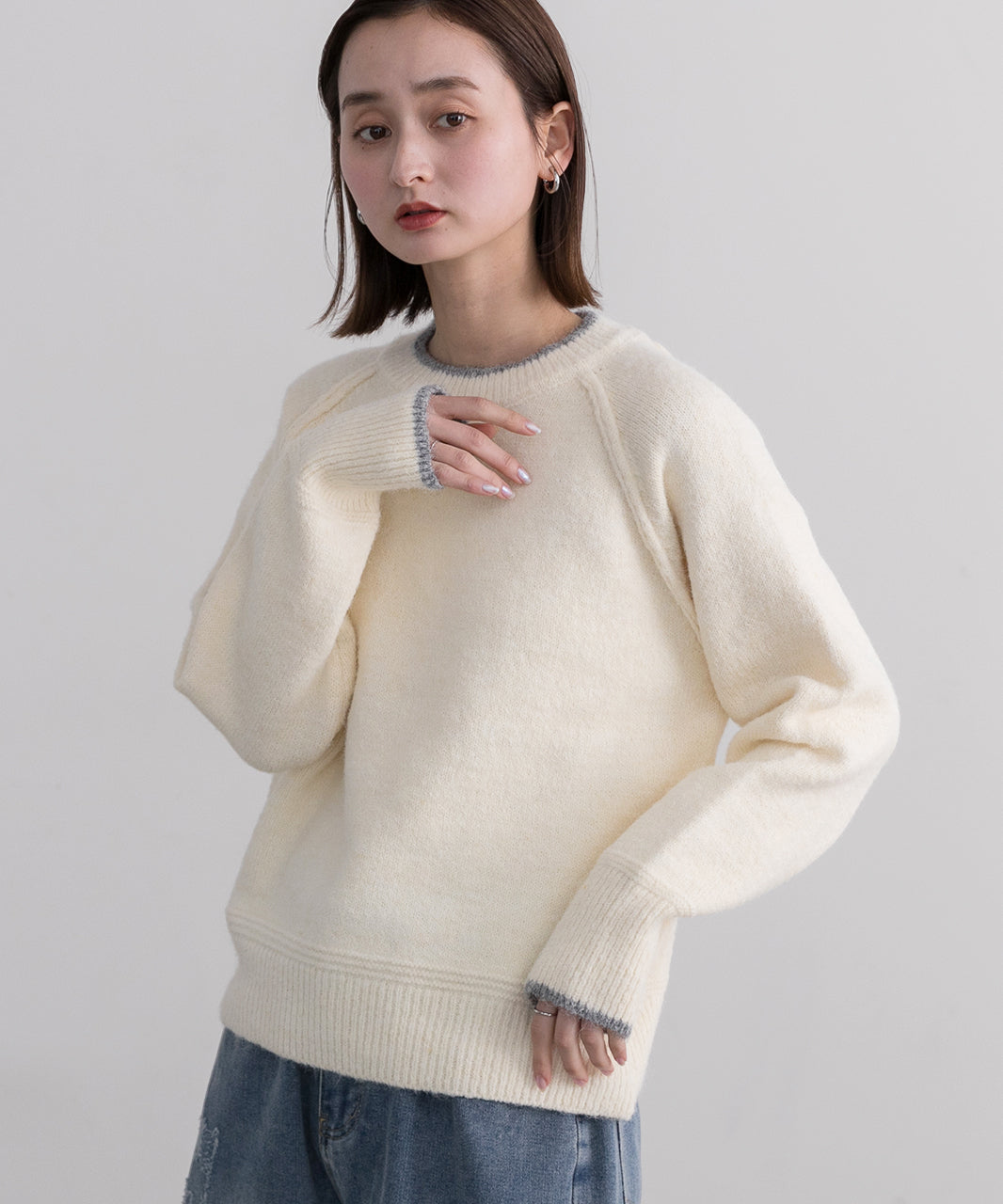 アドティエ ad thie 配色ラグランクルーネックニット