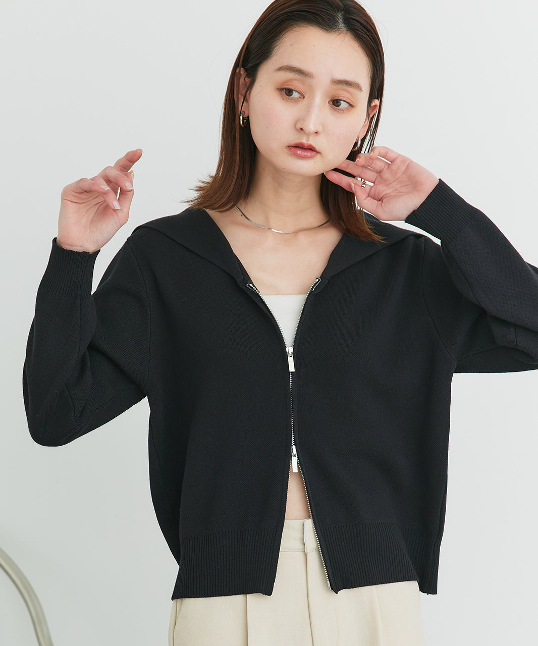 アドティエ ad thie 【2025SS新作】セーラーカラーダブルジップニットカーディガン （ブラック） ブラック