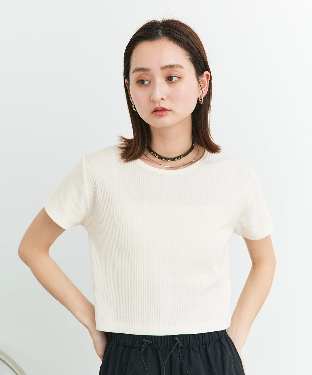 アドティエ ad thie 【2025SS新作】リブクルーネックコンパクトTシャツ （アイボリー） アイボリー