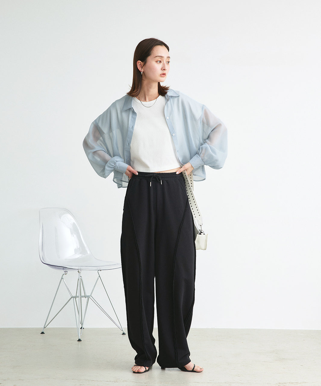 アドティエ ad thie 【2025SS新作】ショート丈シアーシャツ 半袖リブTシャツセット （ライトブルー） ライトブルー