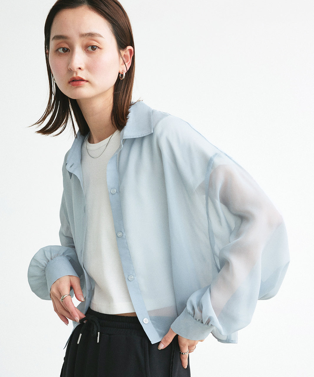 アドティエ ad thie 【2025SS新作】ショート丈シアーシャツ 半袖リブTシャツセット （ライトブルー） ライトブルー