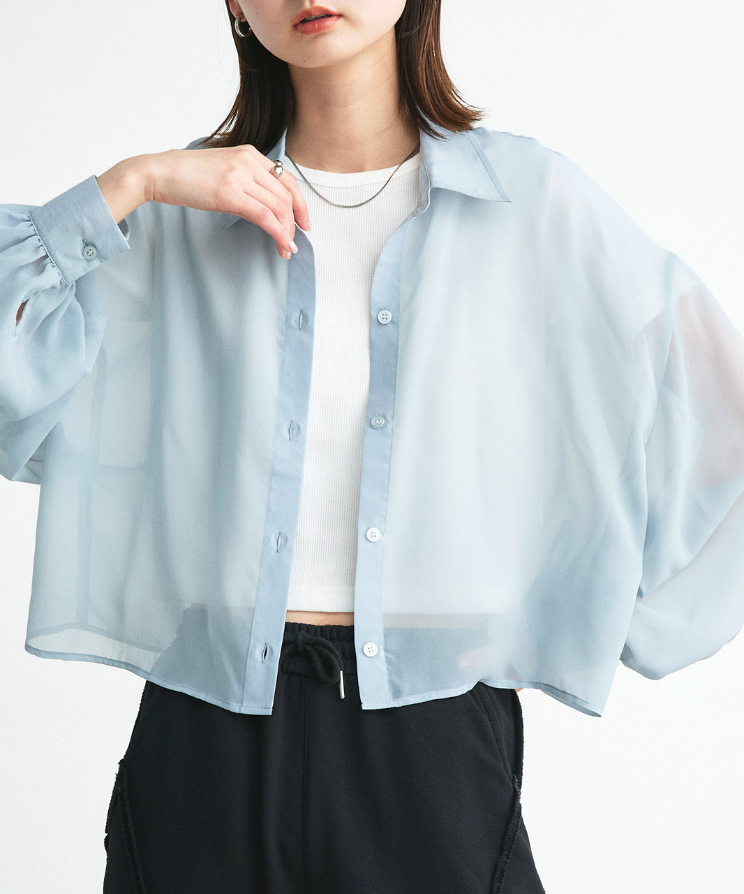 アドティエ ad thie 【2025SS新作】ショート丈シアーシャツ 半袖リブTシャツセット （ライトブルー） ライトブルー