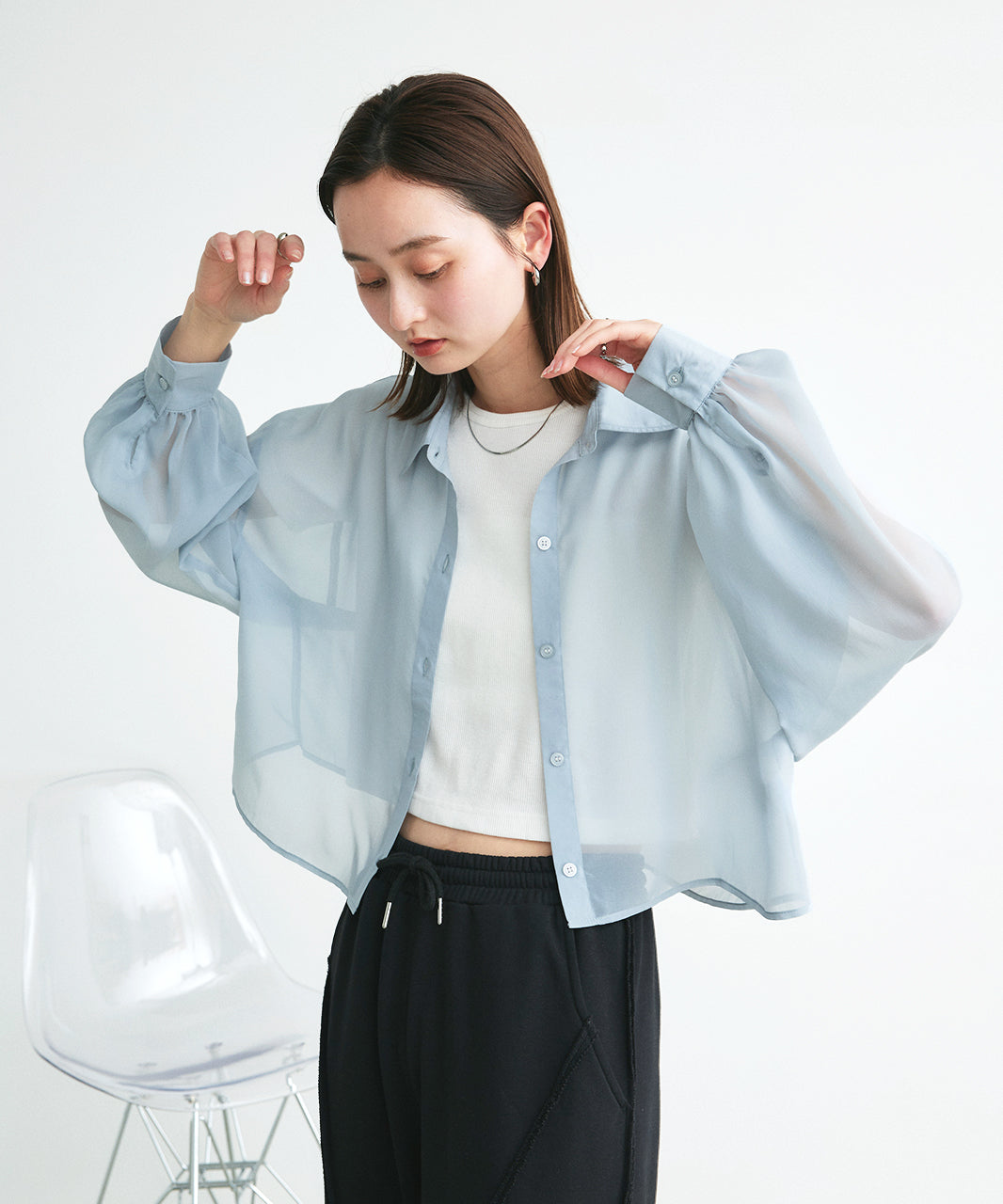 アドティエ ad thie 【2025SS新作】ショート丈シアーシャツ 半袖リブTシャツセット （ライトブルー） ライトブルー