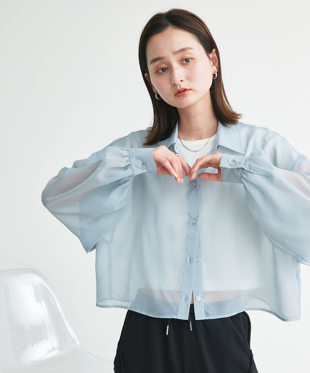 アドティエ ad thie 【2025SS新作】ショート丈シアーシャツ 半袖リブTシャツセット （ライトブルー） ライトブルー