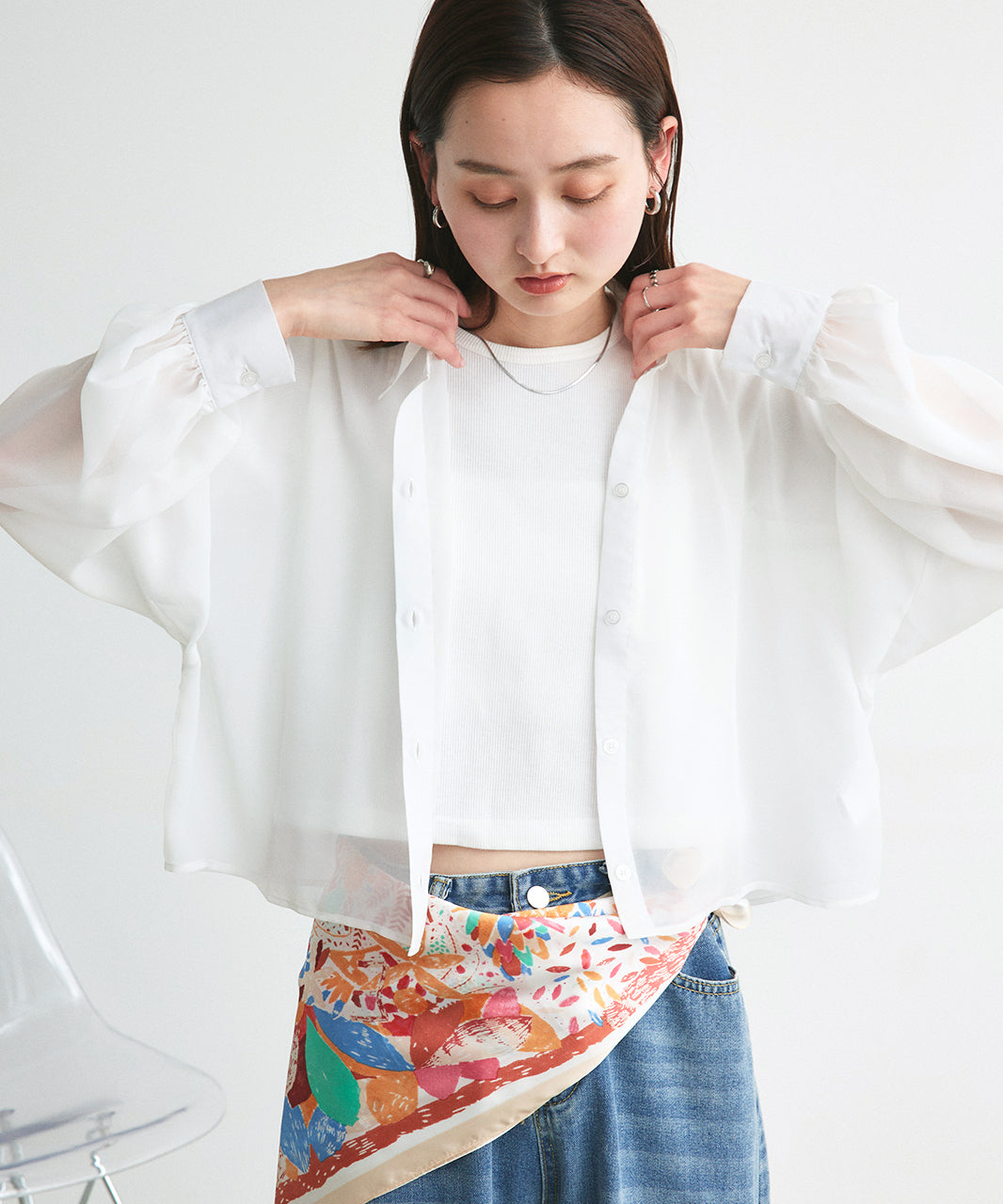アドティエ ad thie 【2025SS新作】ショート丈シアーシャツ 半袖リブTシャツセット （ライトブルー） ライトブルー