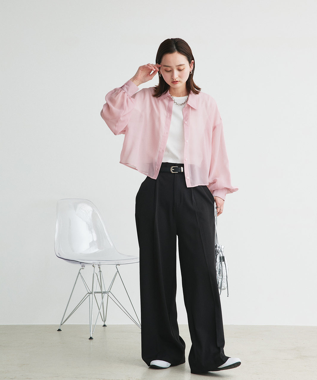 アドティエ ad thie 【2025SS新作】ショート丈シアーシャツ 半袖リブTシャツセット （ライトブルー） ライトブルー