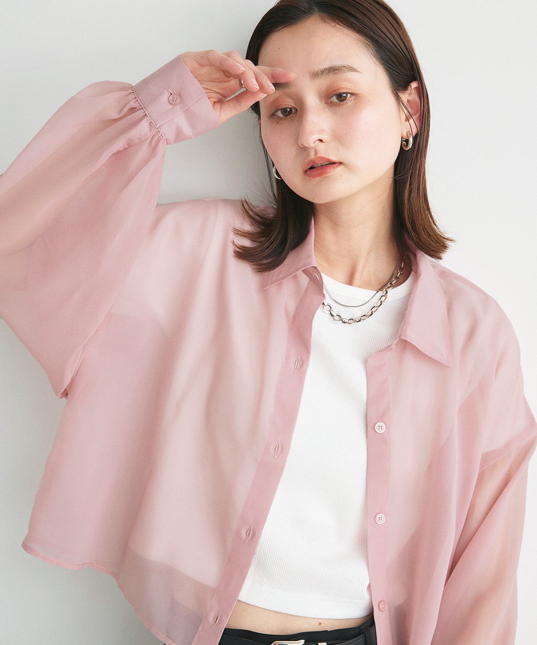 アドティエ ad thie 【2025SS新作】ショート丈シアーシャツ 半袖リブTシャツセット （ライトブルー） ライトブルー