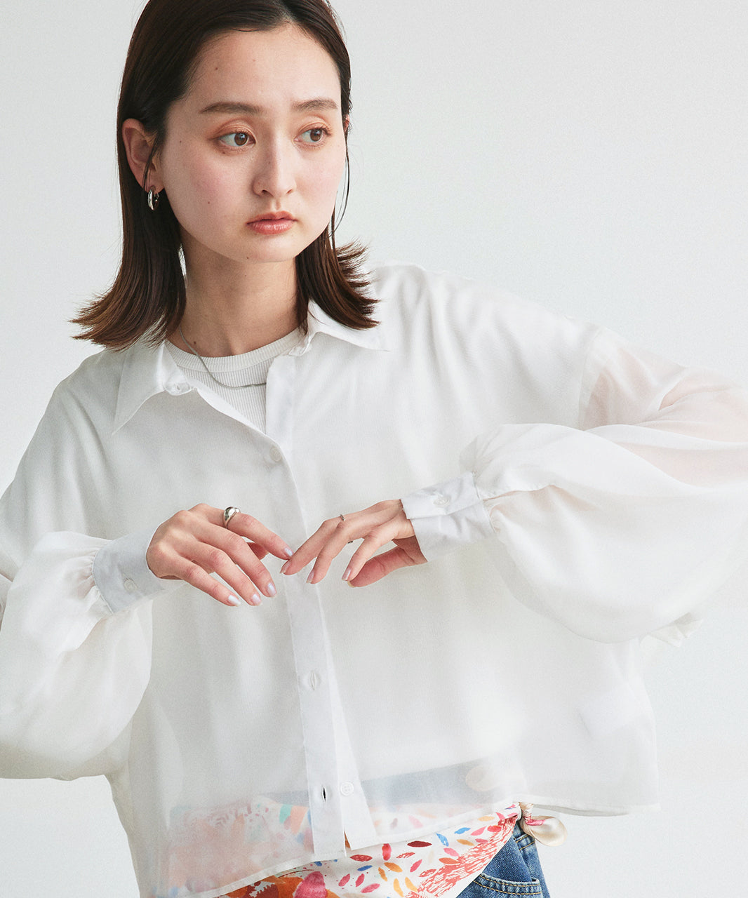 アドティエ ad thie ショート丈シアーシャツ 半袖リブTシャツセット （オフホワイト） オフホワイト