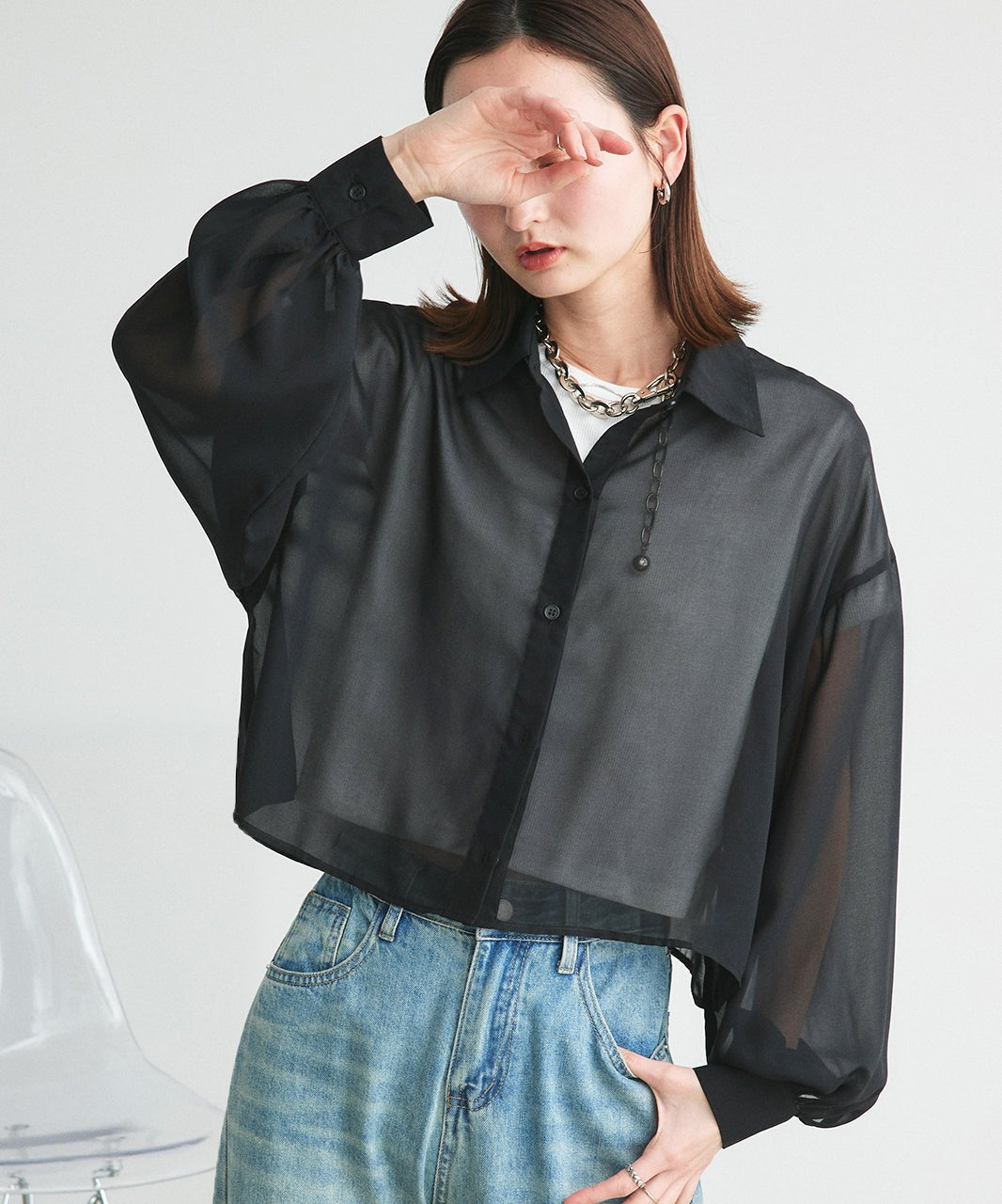 アドティエ ad thie 【2025SS新作】ショート丈シアーシャツ 半袖リブTシャツセット （ブラック） ブラック
