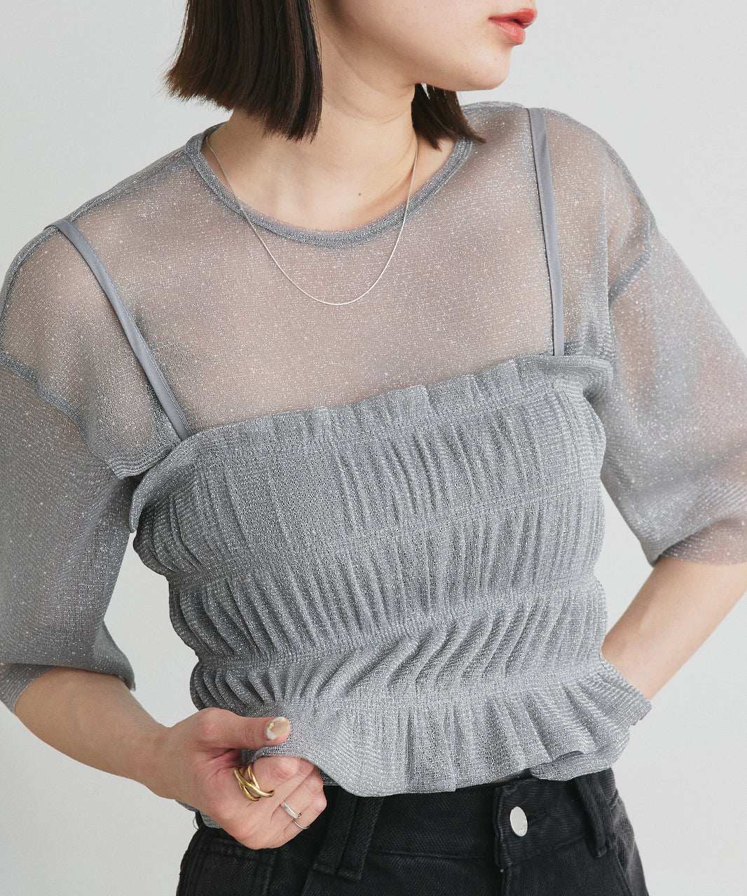 アドティエ ad thie 【2025SS新作】ビスチェレイヤード ラメカットソー （オフホワイト） オフホワイト