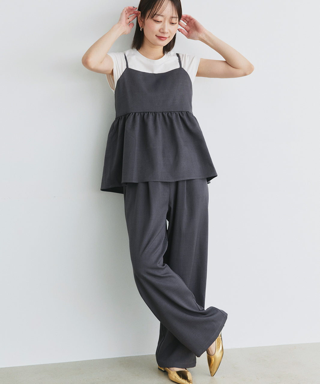アドティエ ad thie 【2025SS新作】ペプラムキャミソール ロングパンツ セットアップ （チャコール） チャコール