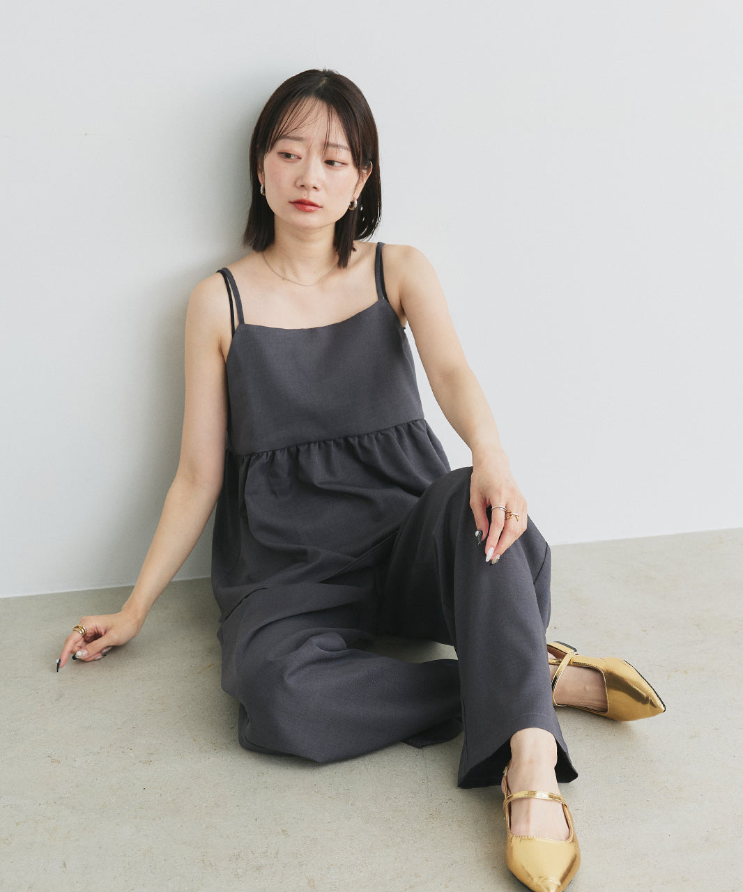 アドティエ ad thie 【2025SS新作】ペプラムキャミソール ロングパンツ セットアップ （チャコール） チャコール