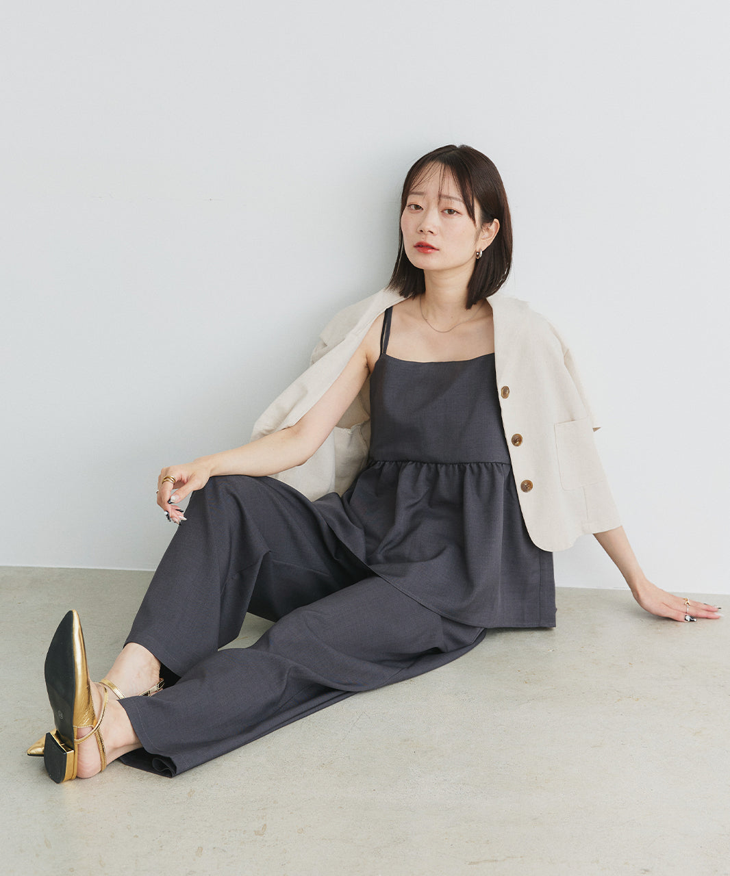 アドティエ ad thie 【2025SS新作】ペプラムキャミソール ロングパンツ セットアップ （チャコール） チャコール