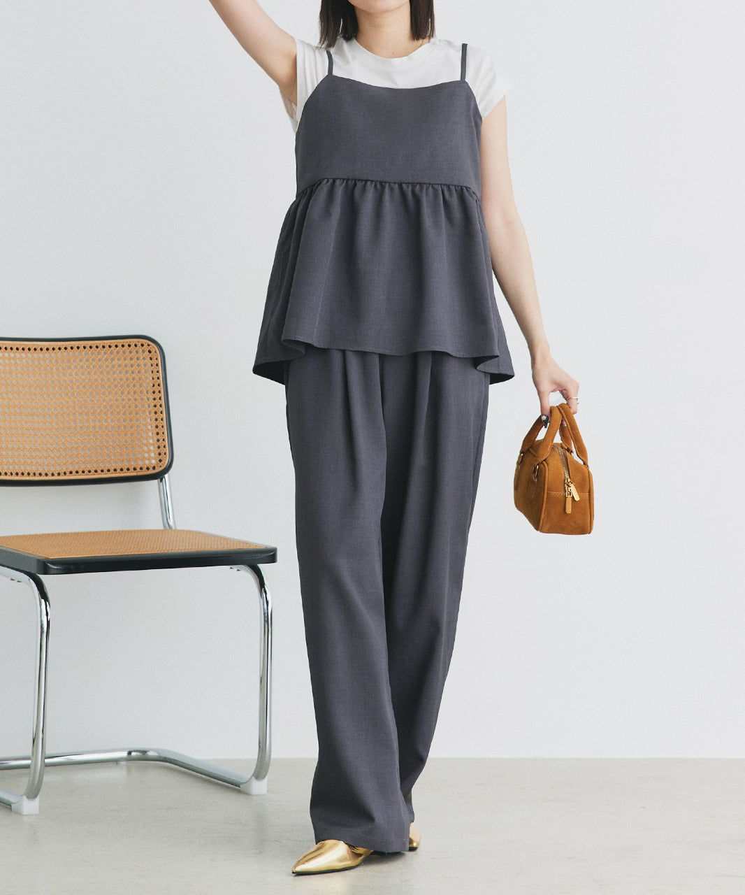 アドティエ ad thie 【2025SS新作】ペプラムキャミソール ロングパンツ セットアップ （チャコール） チャコール