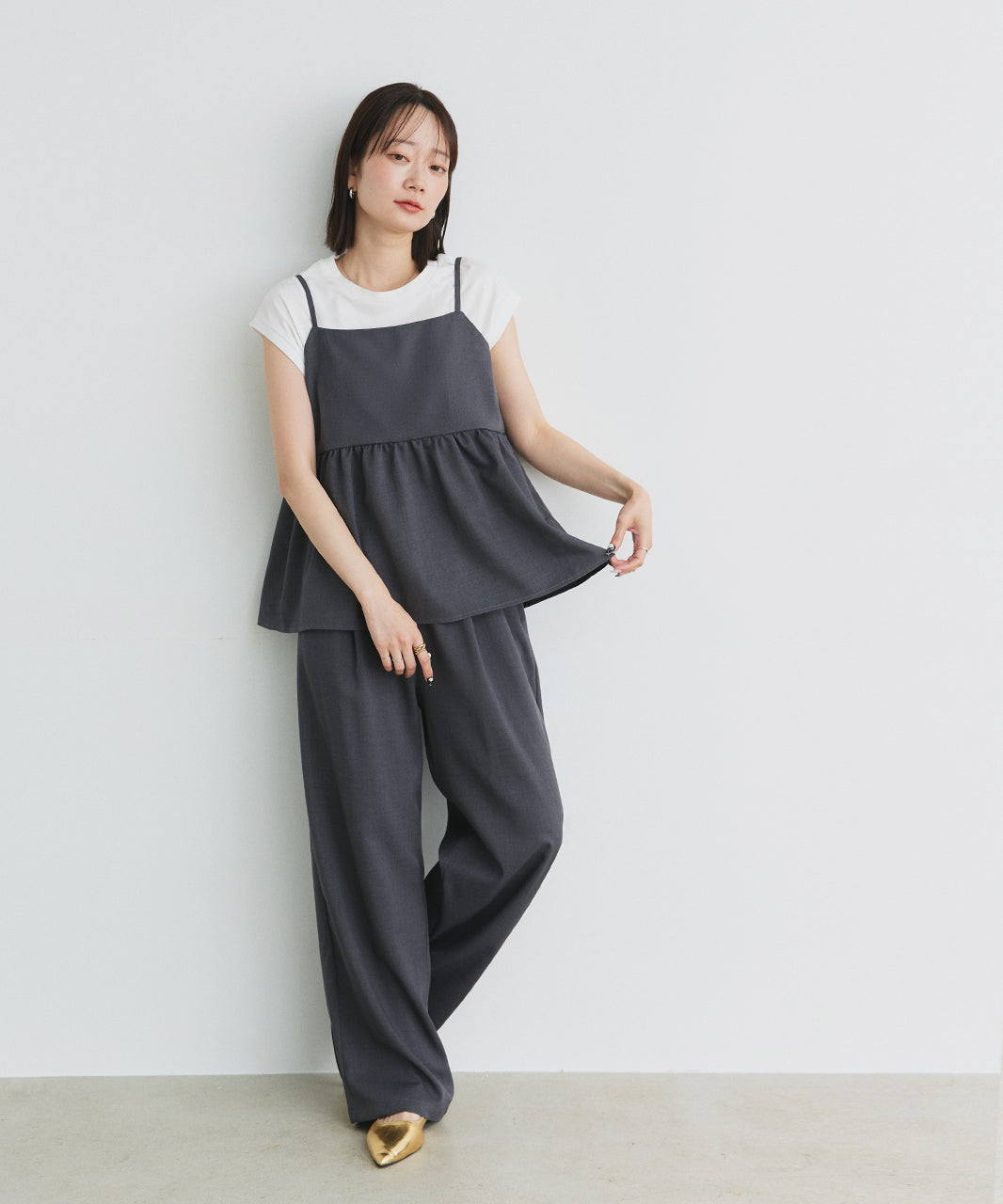 アドティエ ad thie 【2025SS新作】ペプラムキャミソール ロングパンツ セットアップ （チャコール） チャコール