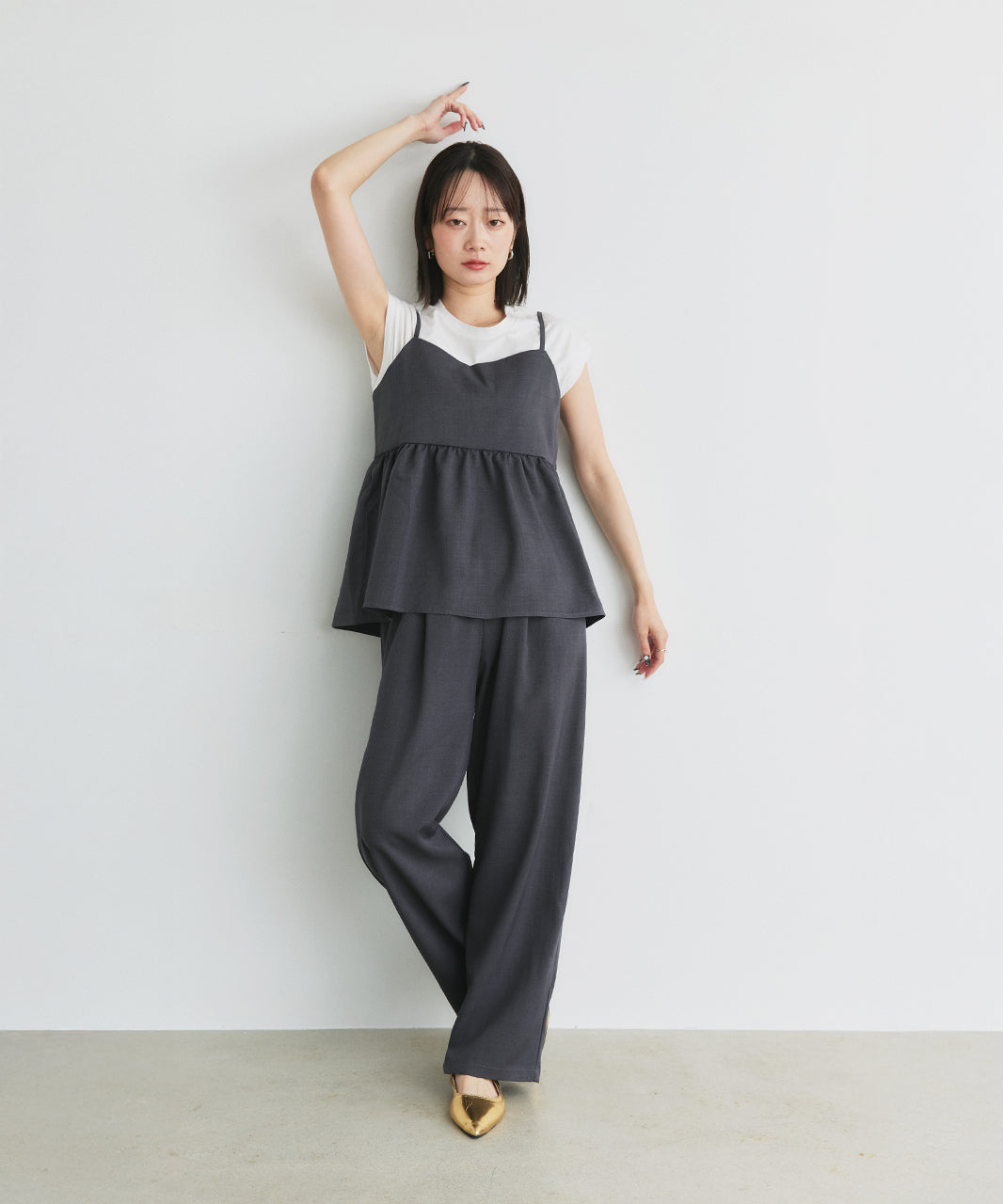 アドティエ ad thie 【2025SS新作】ペプラムキャミソール ロングパンツ セットアップ （チャコール） チャコール