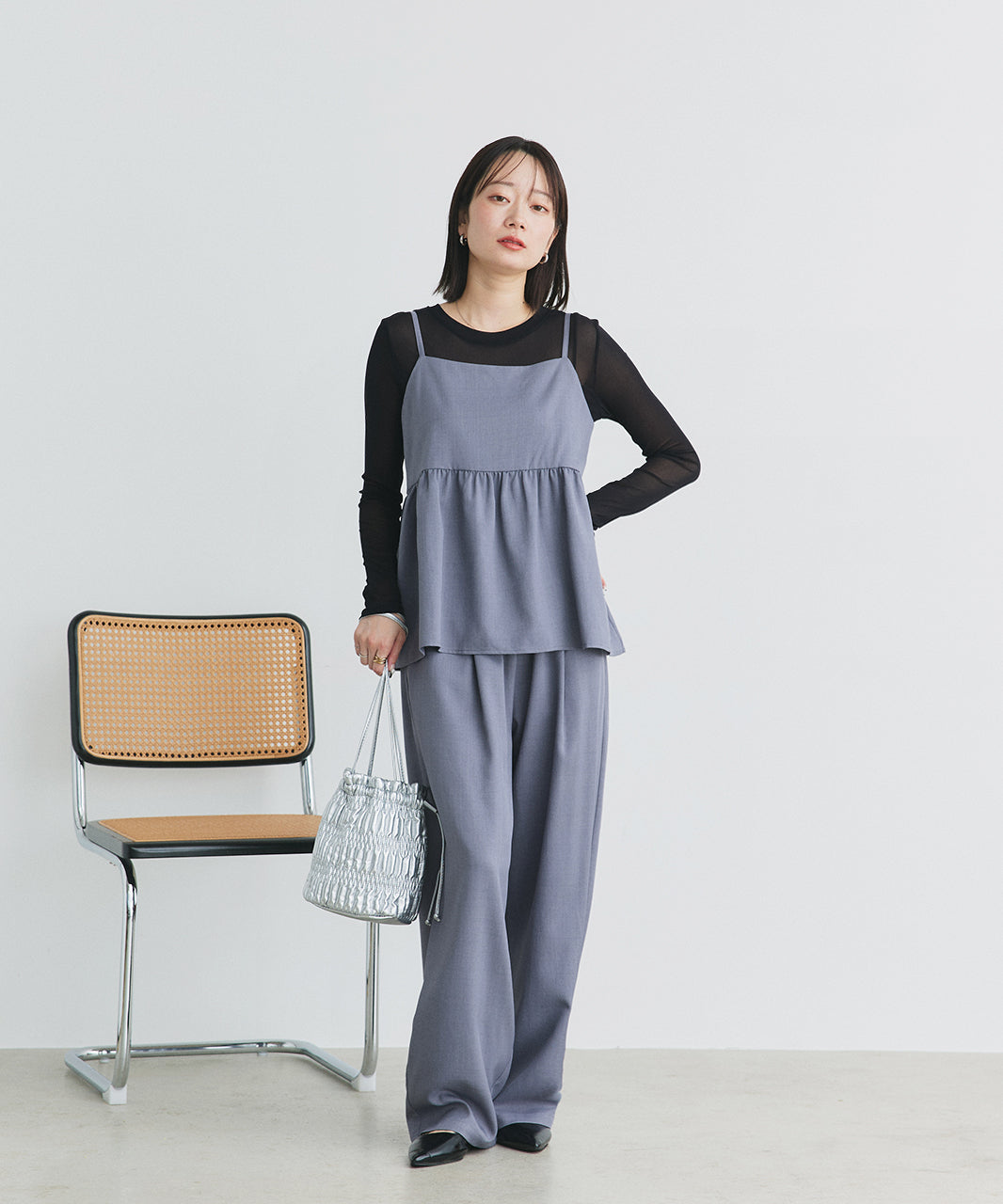アドティエ ad thie 【2025SS新作】ペプラムキャミソール ロングパンツ セットアップ （チャコール） チャコール