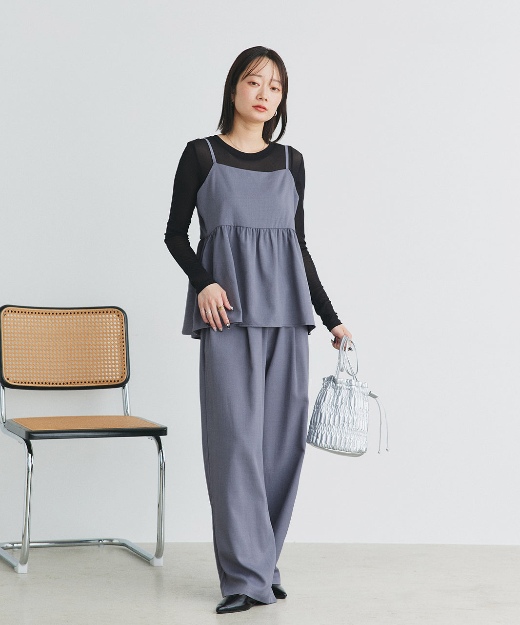 アドティエ ad thie 【2025SS新作】ペプラムキャミソール ロングパンツ セットアップ （チャコール） チャコール