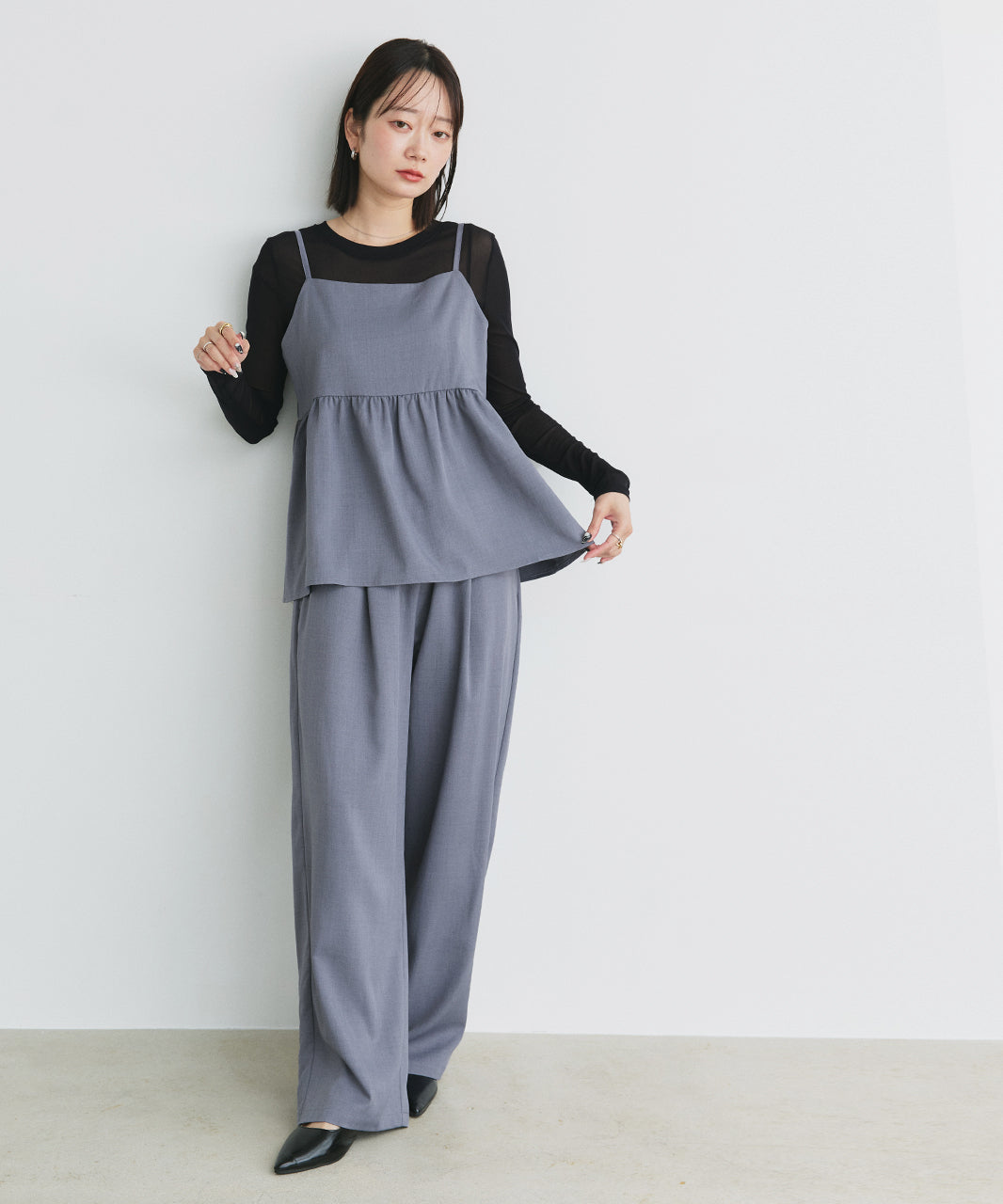 アドティエ ad thie 【2025SS新作】ペプラムキャミソール ロングパンツ セットアップ （チャコール） チャコール