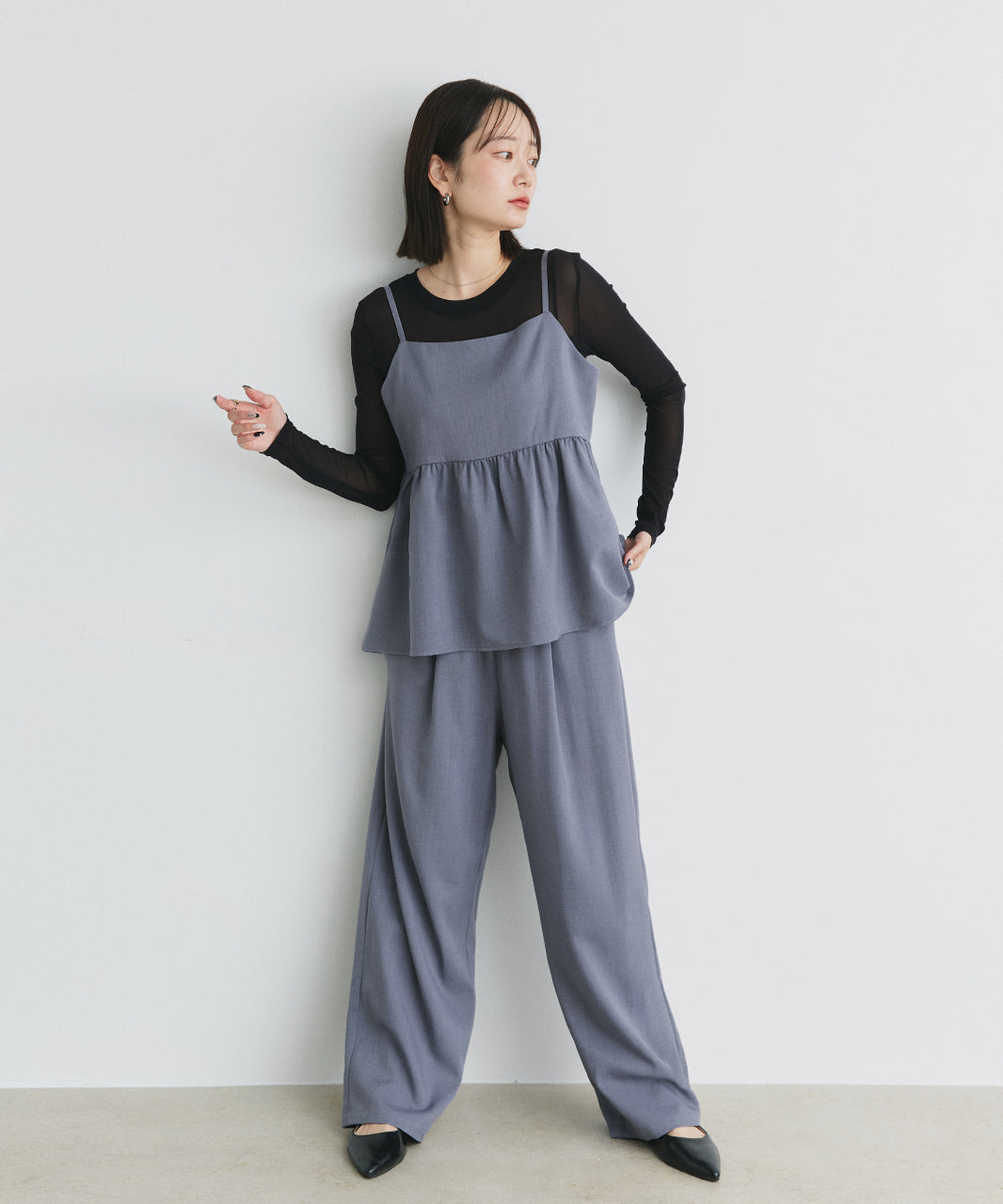 アドティエ ad thie 【2025SS新作】ペプラムキャミソール ロングパンツ セットアップ （チャコール） チャコール
