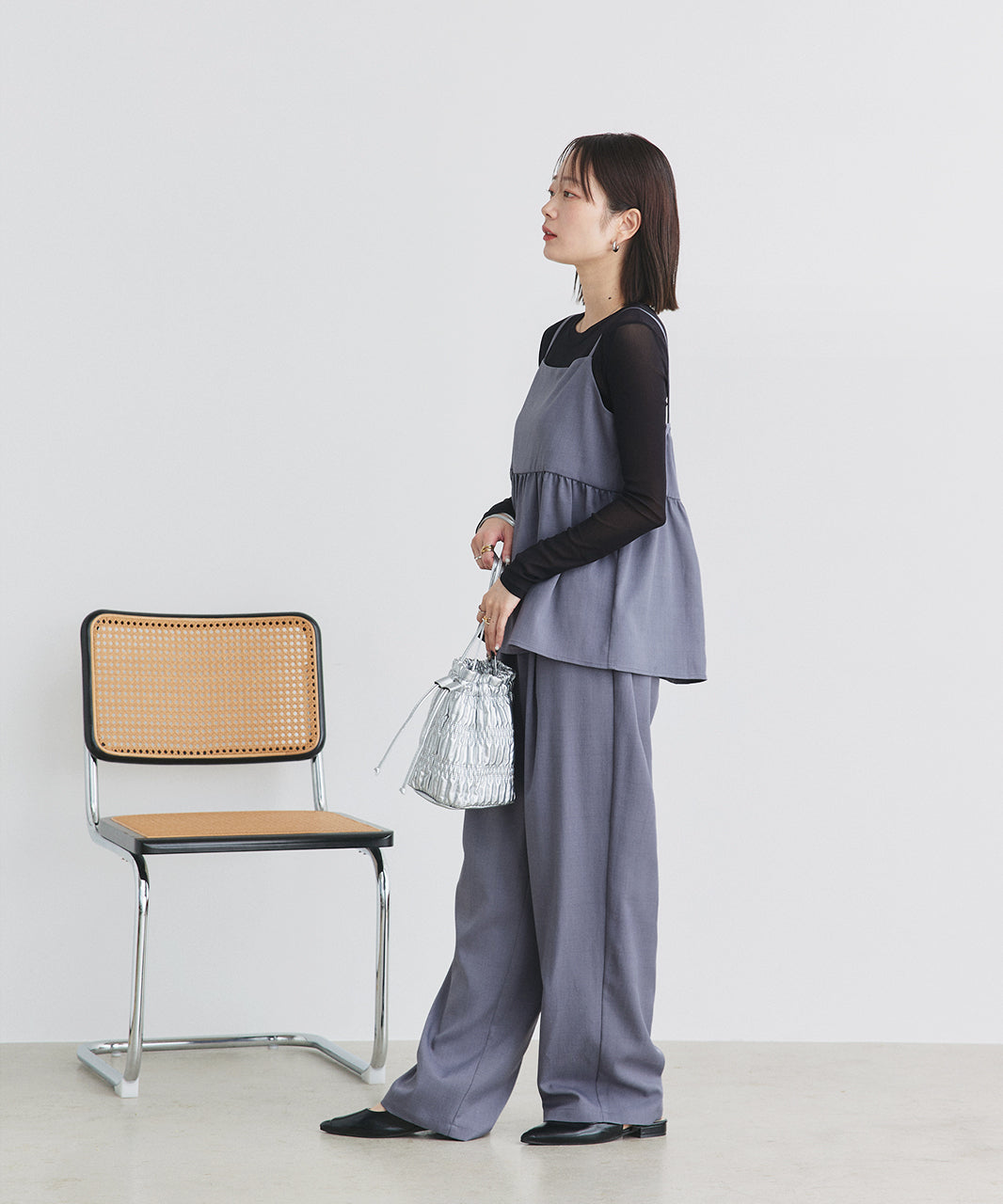 アドティエ ad thie 【2025SS新作】ペプラムキャミソール ロングパンツ セットアップ （チャコール） チャコール