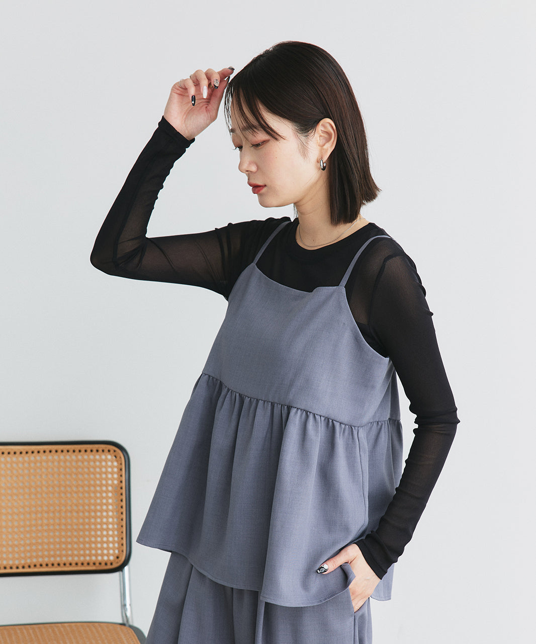 アドティエ ad thie 【2025SS新作】ペプラムキャミソール ロングパンツ セットアップ （チャコール） チャコール